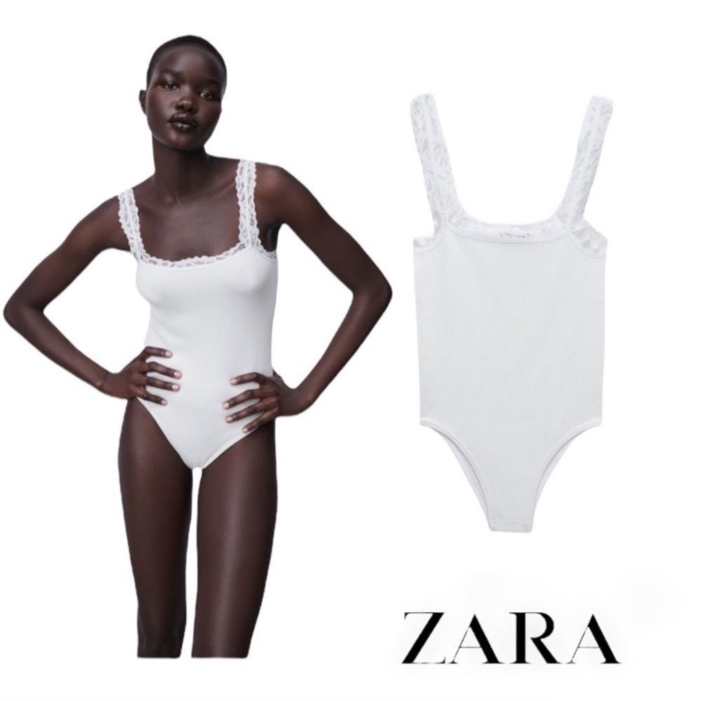 ZARA White Seamless Lace Trim Bodysuit XS SMALL